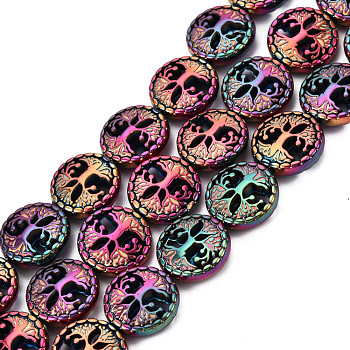 Electroplate Non-magnetic Synthetic Hematite Beads Strands, Flat Round with Tree of Life, Rainbow Plated, 12~12.5x4~4.5mm, Hole: 1mm, about 30pcs/strand, 14.56 inch