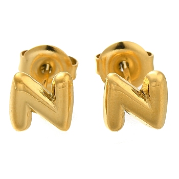 304 Stainless Steel Stud Earrings, Real 14K Gold Plated, Letter N, 7x7mm