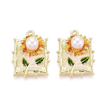 Rack Plating Alloy Enamel Pendants, Rectangle & Flower, with ABS Imitation Pearl, Light Gold, 27x20x9mm, Hole: 1.8mm