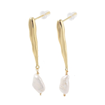 Natural Pearl Dangle Stud Earrings, with Brass Findings and 925 Sterling Silver Pins, Teardrop, Real 14K Gold Plated, 47x9mm