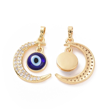 Brass Micro Pave Cubic Zirconia Pendants, with Handmade Evil Eye Lampwork, Crescent Moon Charm, Real 18K Gold Plated, Blue, 23x16x4mm, Hole: 4x6mm