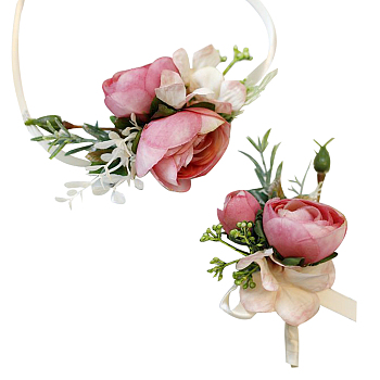 2Pcs 2 Style Silk Imitation Rose Corsage Boutonniere, with Silk Cloth Imitation Rose Wrist Corsages, for Wedding, Party Decorations, Hot Pink, 140~725x10~73mm, 1pc/style