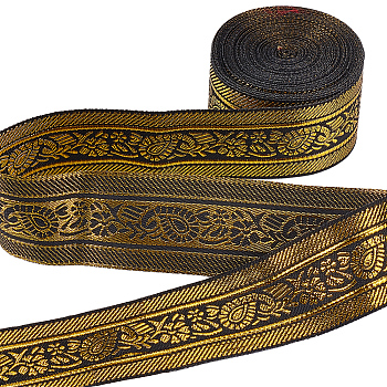 7M Flat Ethnic Style Polyester Ribbons, Jacquard Ribbon, Tyrolean Ribbon with Floral Pattern, Black, 1-1/4 inch(33mm), about 7.66 Yards(7m)/Roll