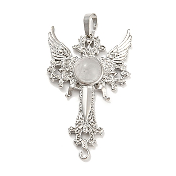 Natural Quartz Crystal Big Pendants, Rock Crystal, Cross with Wing Charms, with Platinum Plated Brass Findings, 52.5x32x7~7.5mm, Hole: 4x8mm & 2mm