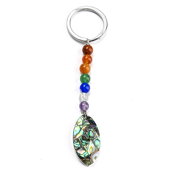 Abalone Shell/Paua Shell Keychain, with Alloy Key Rings and Chakra Gemstone Beads, Oval, 10.3cm, pendant: 78x16x6.5mm