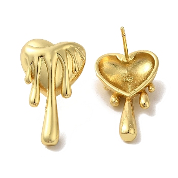 Rack Plating Brass Stud Earrings, Long-Lasting Plated, Lead Free & Cadmium Free, Heart, Real 18K Gold Plated, 24.5x13mm