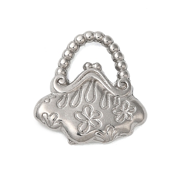 Non-Tarnish 304 Stainless Steel Pendants, Handbag with Flower Charms, Stainless Steel Color, 16x15x2mm, Hole: 2.5x5mm