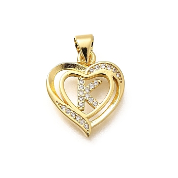 Rack Plating Brass Micro Pave Cubic Zirconia Pendants, Long-Lasting Plated, Lead Free & Cadmium Free,Real 18K Gold Plated, Heart with Letter Charms, Letter K, 17.5x15x2.5mm, Hole: 5x3mm