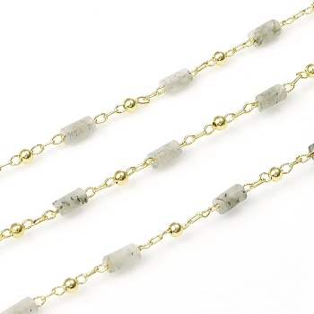 3.28 Feet Handmade Natural Labradorite Beaded Chains, Real 18K Gold Plated Plated Brass Chains, Soldered, Long-Lasting Plated, 4~5x2~2.5mm, Beads: 2mm, Link: 2x1x0.2mm and 2x1.5x0.2mm