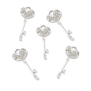 Alloy Rhinestone Pendants, Platinum Tone Heart Key Charms, Crystal, 36x14.5x2.5mm, Hole: 3x4mm