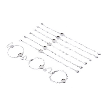 304 Stainless Steel Link Chain Bracelet Making, with Lobster Claw Clasps and Flat Round Cabochon Settings, Mixed Style, Stainless Steel Color, Tray: 14mm, 5.62~6.49 inch(14.3~16.5cm)