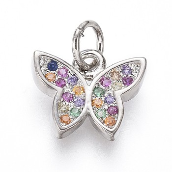 Brass Micro Pave Cubic Zirconia Charms, with Jump Rings, Butterfly, Colorful, Platinum, 9.5x11x2mm, Hole: 3mm