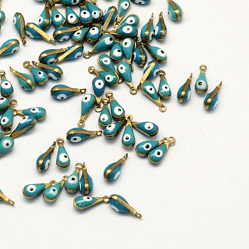Antique Golden Plated Brass Enamel Charms, Teardrop with Eye, Cadet Blue, 11x4x4mm, Hole: 1mm