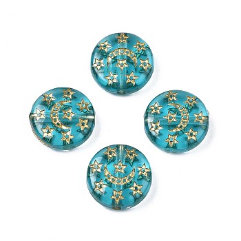 Plating Acrylic Beads, Metal Enlaced, Flat Round, Dark Turquoise, 12.5x4.5mm, Hole: 1.6mm