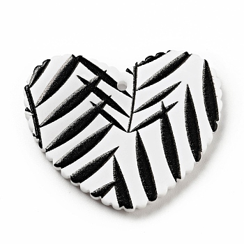 Printed Acrylic Pendants, Heart with Leaf Pattern, Black, 26x31.5x2mm, Hole: 1.5mm