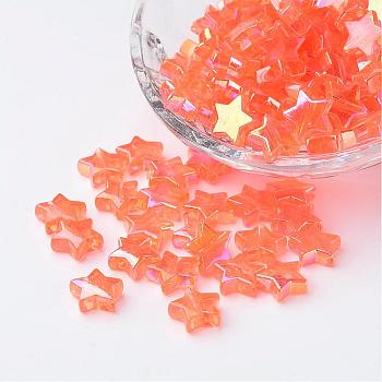 Eco-Friendly Transparent Acrylic Beads, Star, Orange, AB Color, about 10mm in diameter, 4mm thick, hole:1.5mm. about 2140pcs/500g