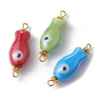 Handmade Porcelain Connector Charms, Fish Links with Golden Tone Iron Double Loops, Mixed Color, 30x10x8mm, Hole: 1.8mm