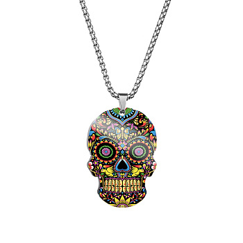 Stainless Steel Skull with Flower Pendant Necklaces, Halloween Jewelry for Women, Black, 23.62 inch(60cm)