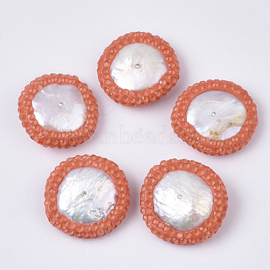 Coral Flat Round Polymer Clay+Glass Rhinestone Beads