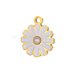 304 Stainless Steel Enamel Pendants, Flower Charms, with Imitation Pearl, Ion Plating(IP), Real 14K Gold Plated, Floral White, 14x11mm(STAS-OY004-82G)