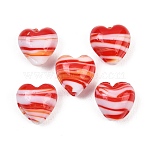 Handmade Lampwork Beads, Heart with Stripe, Red, 12~13x12~13x8~8.5mm, Hole: 1.6~1.8mm(LAMP-K047-01A)