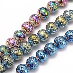 Electroplated Natural Lava Rock Beads Strands, Round, Bumpy, Mixed Color, 8~8.5mm, Hole: 1mm, about 50pcs/strand, 15.9 inch(40.5cm)(G-I260-11)