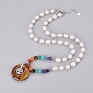 Chakra Jewelry, Natural Tiger Eye Pendant Necklace, with Pearl Beads, Natural & Synthetic Mixed Stone, Brass Findings and Hematite Beads, Flat Round with Tree of Life, 21.06 inch(53.5cm)(NJEW-E145-A14)