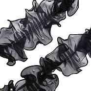 5 Yards Pleated Organza Ribbon, Ruffled Ribbon with Plastic Beads, Garment Accessories, Black, 4-3/8 inch(110mm)(OCOR-GF0002-33B)