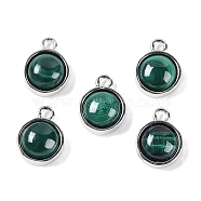 Natural Malachite Pendants, with Platinum Tone Rack Plating Brass, Flat Round, 9.8x7.5x4.3mm, Hole: 1.2mm(G-K372-03P-10)