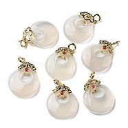 Natural White Agate Donut Pendant Decorations, Crown Brass Ornaments with Spring Ring Clasps, Real 14K Gold Plated, 29mm, Hole: 3mm(G-R489-10G)
