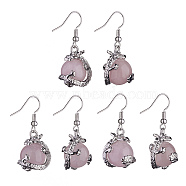Natural Rose Quartz Dragon Dangle Earrings, Platinum Brass Jewelry for Women, 36mm, Pin: 0.6mm(EJEW-A092-12P-11)