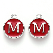 Platinum Plated Alloy Enamel Charms, Cadmium Free & Lead Free, Enamelled Sequins, Flat Round with Letter, Red, Letter.M, 14x12x2mm, Hole: 1.5mm(ENAM-S118-03M-P)