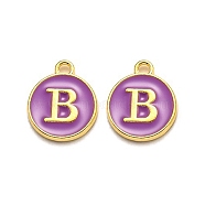 Golden Plated Alloy Enamel Charms, Enamelled Sequins, Flat Round with Alphabet, Letter.B, Purple, 14x12x2mm, Hole: 1.5mm(ENAM-Q437-12B)