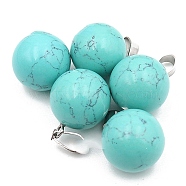 Natural Turquoise Round Charms with Platinum Plated Metal Snap on Bails, 14mm(PW-WG84682-02)