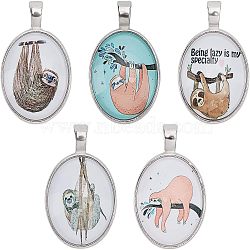 Alloy Glass Pendants, Flat Round with Sloth, Silver Color Plated, Mixed Color, 35.5x27.5x7mm, Hole: 5x3.5mm, 5pcs/set(PALLOY-CA0001-23)