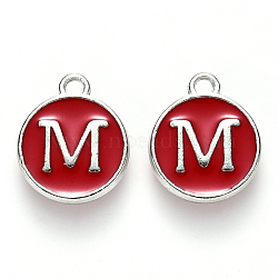 Platinum Plated Alloy Enamel Charms, Cadmium Free & Lead Free, Enamelled Sequins, Flat Round with Letter, Red, Letter.M, 14x12x2mm, Hole: 1.5mm(ENAM-S118-03M-P)