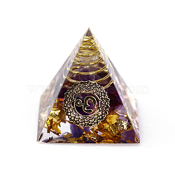 Chakra Pattern Orgonite Pyramid Resin Display Decorations, Healing Pyramids, for Stress Reduce Healing Meditation, with Brass Findings and Natural Amethyst Chips Inside, for Home Office Desk, 30.5x30.5x29.5mm(G-PW0005-03G)