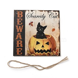 Halloween Wooden Door Hanging Welcome Sign Board, with Hemp Rope, for Home Office School Outdoor Decorations, Square, Cat Pattern, 150x150x5mm(HJEW-Z002-01B)