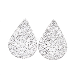 Non-Tarnish 201 Stainless Steel Pendants, Etched Metal Embellishments, Teardrop, Stainless Steel Color, 40x26.5x0.3mm, Hole: 1mm(X-STAS-B038-09P)