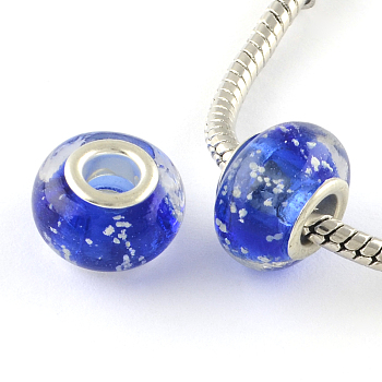 Glow In The Dark Handmade Luminous Style Lampwork Large Hole European Beads, with Silver Tone Brass Cores, Rondelle, Blue, 14x9~10mm, Hole: 5mm