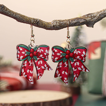 Christmas Theme Iron Acrylic Dangle Earrings, Bowknot, Light Gold, Red, 55x35mm