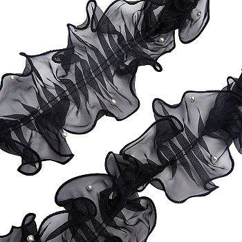 5 Yards Pleated Organza Ribbon, Ruffled Ribbon with Plastic Beads, Garment Accessories, Black, 4-3/8 inch(110mm)