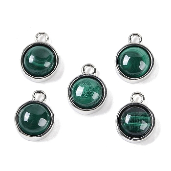 Natural Malachite Pendants, with Platinum Tone Rack Plating Brass, Flat Round, 9.8x7.5x4.3mm, Hole: 1.2mm