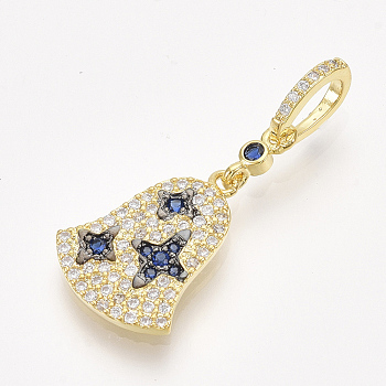 Brass Micro Pave Cubic Zirconia Pendants, Bell, Colorful, Golden, 31mm, Hole: 6x4mm