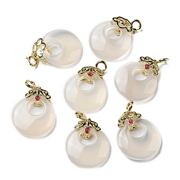 Natural White Agate Donut Pendant Decorations, Crown Brass Ornaments with Spring Ring Clasps, Real 14K Gold Plated, 29mm, Hole: 3mm