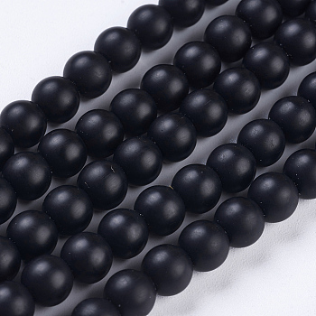Synthetic Black Stone Bead Strands, Frosted, Round, 6mm, Hole: 1mm, about 65pcs/strand, 15.7 inch