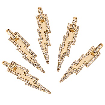 Brass Micro Pave Clear Cubic Zirconia Pendants, Lightning Bolt, Real 18K Gold Plated, 29x8x2mm, Hole: 2.5mm, 5pcs/box