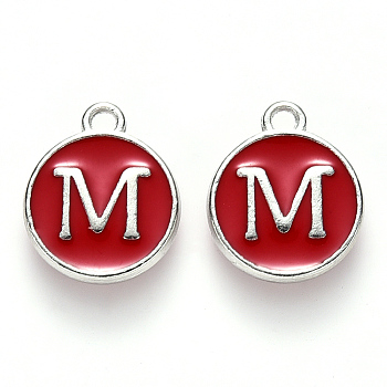 Platinum Plated Alloy Enamel Charms, Cadmium Free & Lead Free, Enamelled Sequins, Flat Round with Letter, Red, Letter.M, 14x12x2mm, Hole: 1.5mm