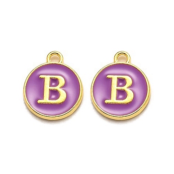Golden Plated Alloy Enamel Charms, Enamelled Sequins, Flat Round with Alphabet, Letter.B, Purple, 14x12x2mm, Hole: 1.5mm