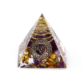 Chakra Pattern Orgonite Pyramid Resin Display Decorations, Healing Pyramids, for Stress Reduce Healing Meditation, with Brass Findings and Natural Amethyst Chips Inside, for Home Office Desk, 30.5x30.5x29.5mm
